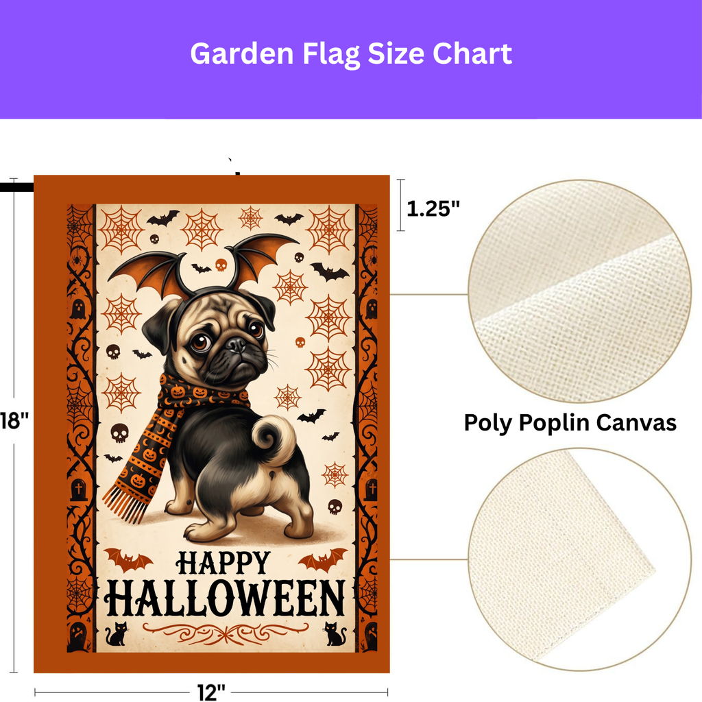 Happy Halloween Pug And Bats Garden Flag Double Sided 12x18 24x32 Outdoor