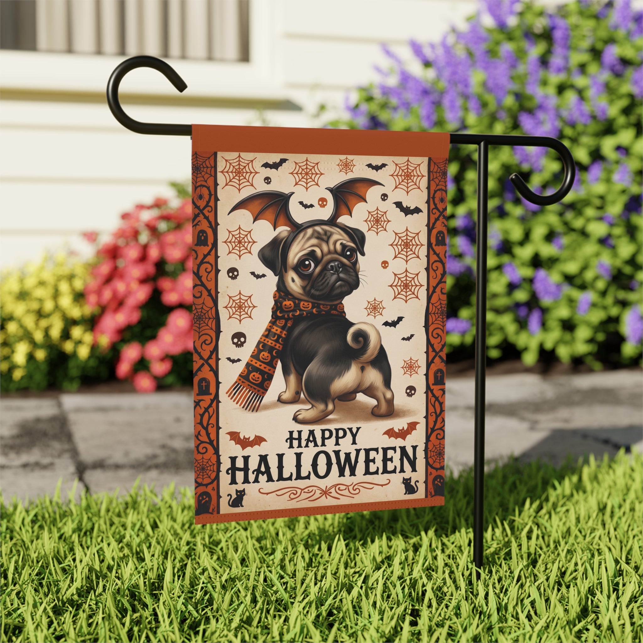 Happy Halloween Pug And Bats Garden Flag Double Sided 12x18 24x32 Outdoor