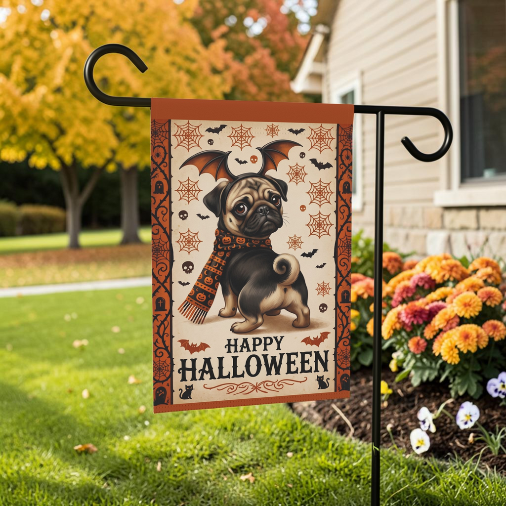 Happy Halloween Pug And Bats Garden Flag Double Sided 12x18 24x32 Outdoor