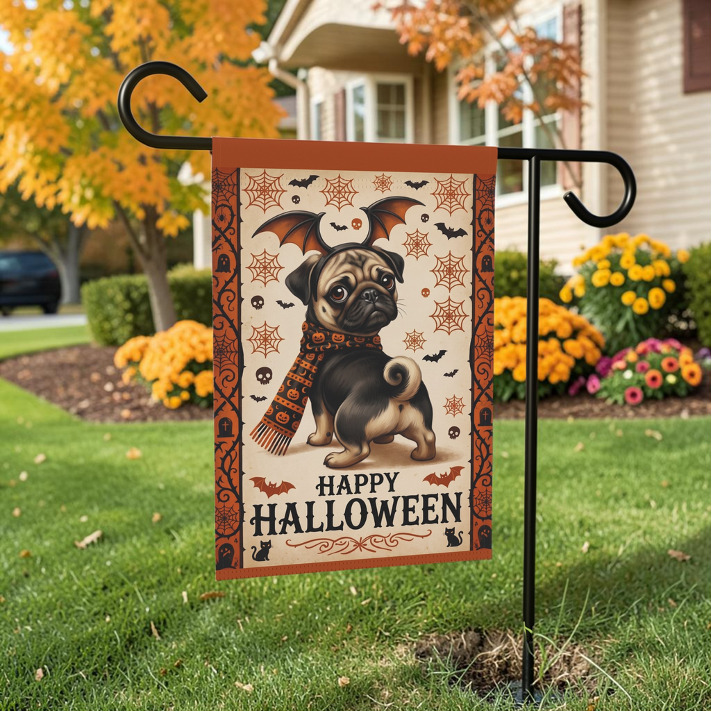 Happy Halloween Pug And Bats Garden Flag Double Sided 12x18 24x32 Outdoor