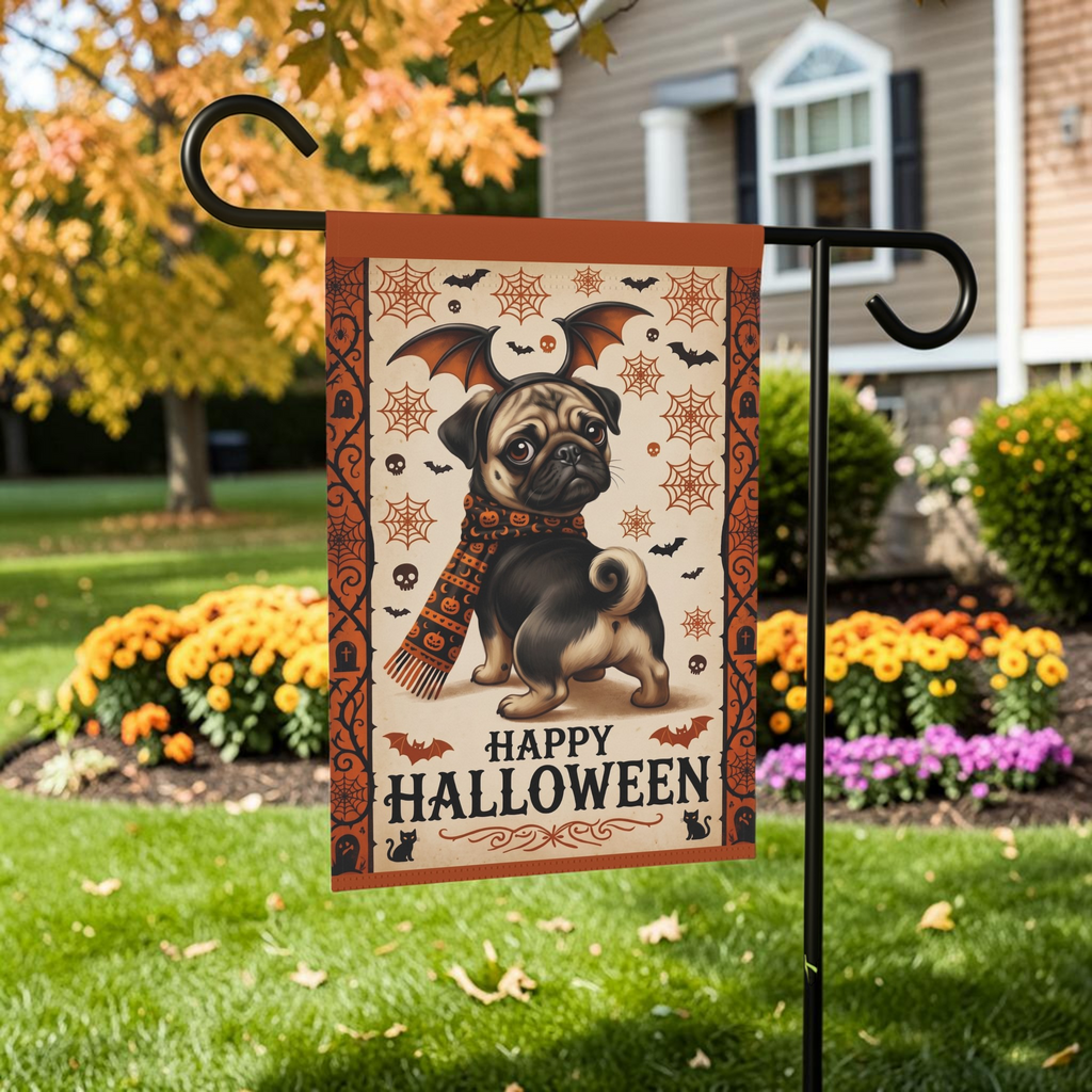 Happy Halloween Pug And Bats Garden Flag Double Sided 12x18 24x32 Outdoor