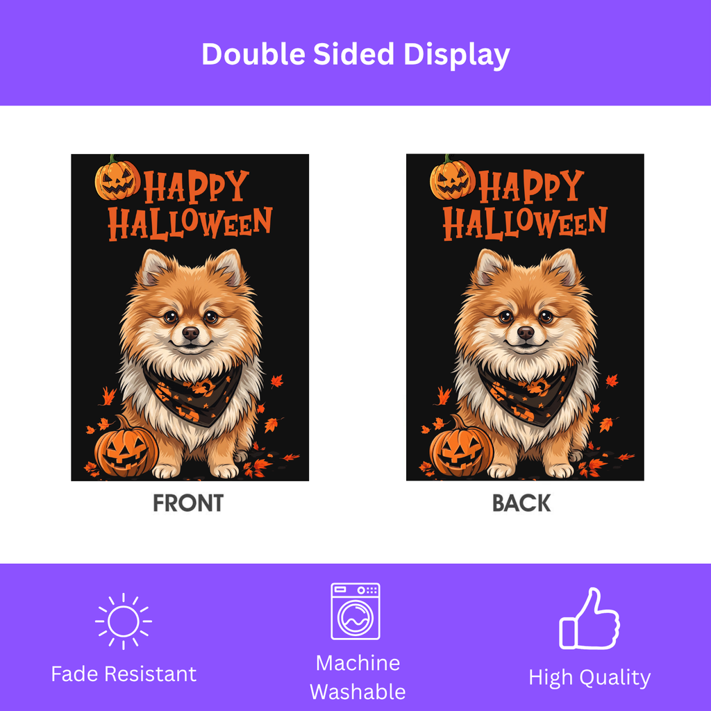 Little Pumpkin and Pomeranian Happy Halloween Garden Flag Double Sided Outdoor