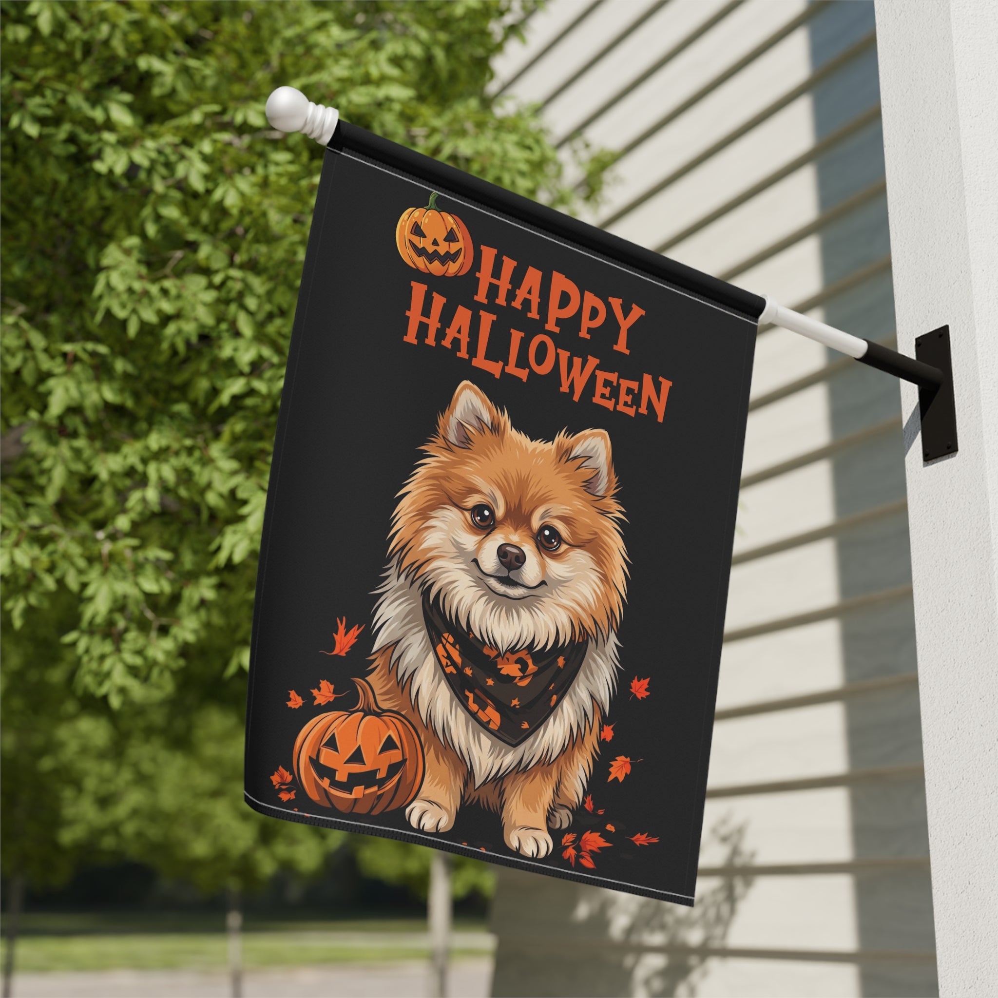 Little Pumpkin and Pomeranian Happy Halloween Garden Flag Double Sided Outdoor