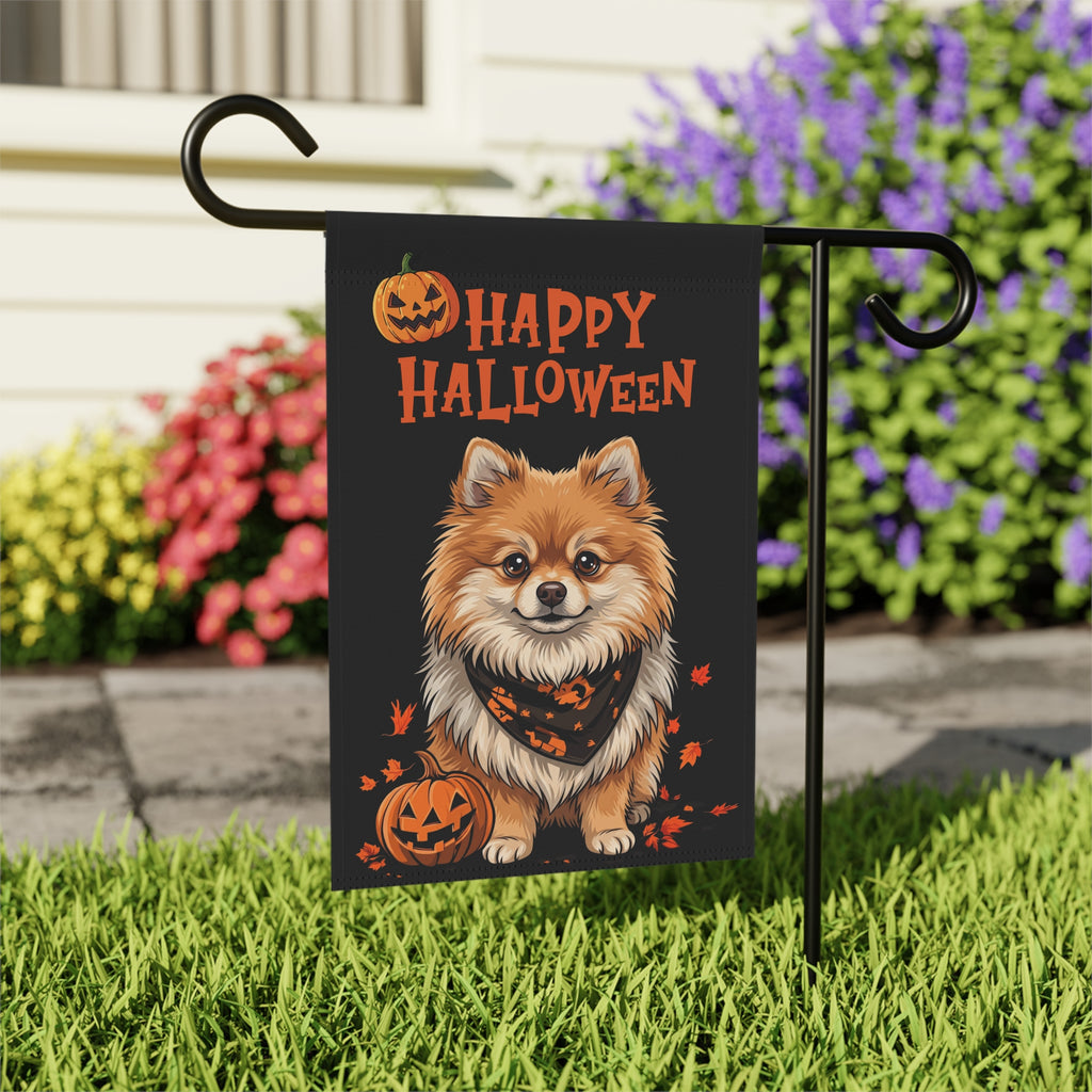 Little Pumpkin and Pomeranian Happy Halloween Garden Flag Double Sided Outdoor