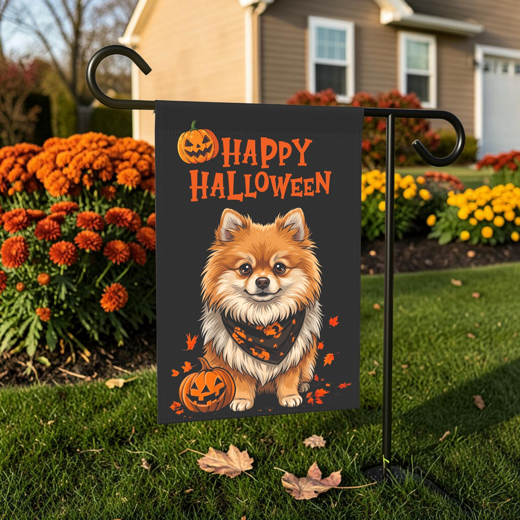 Little Pumpkin and Pomeranian Happy Halloween Garden Flag Double Sided Outdoor