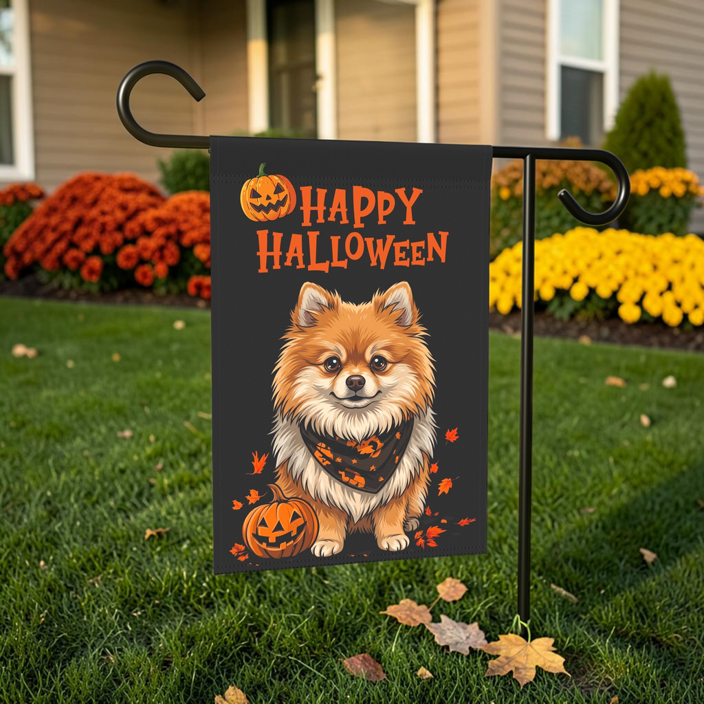 Little Pumpkin and Pomeranian Happy Halloween Garden Flag Double Sided Outdoor