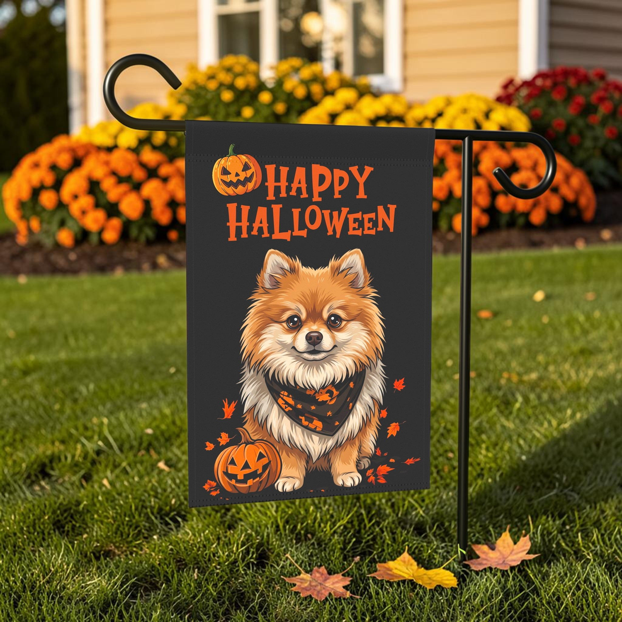 Little Pumpkin and Pomeranian Happy Halloween Garden Flag Double Sided Outdoor