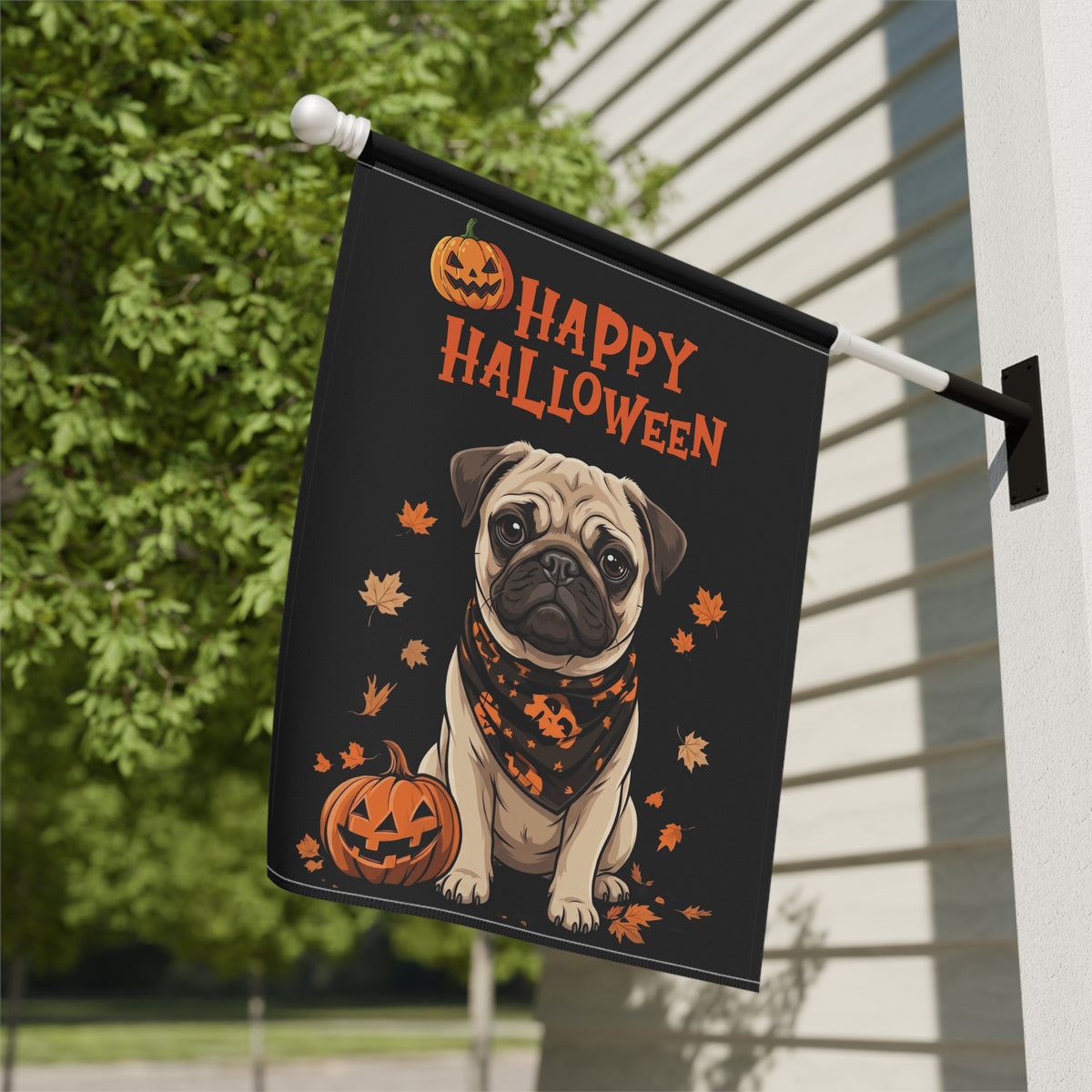 Little Pumpkin and Pug Happy Halloween Garden Flag Double Sided 12x18 24x32