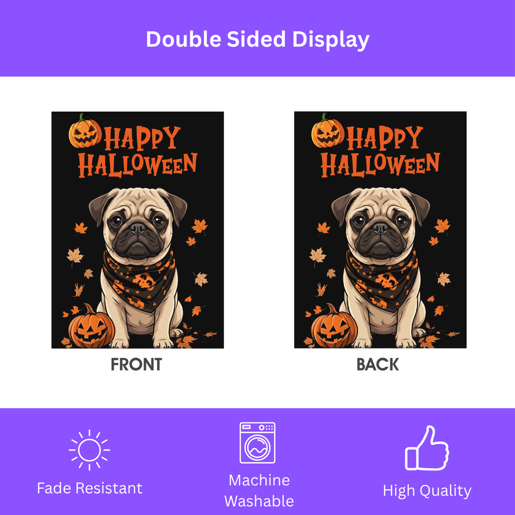 Little Pumpkin and Pug Happy Halloween Garden Flag Double Sided 12x18 24x32