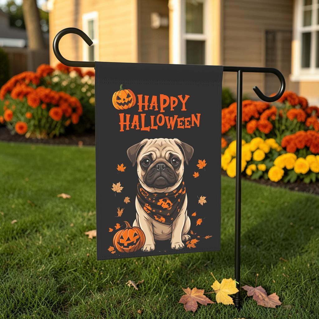 Little Pumpkin and Pug Happy Halloween Garden Flag Double Sided 12x18 24x32