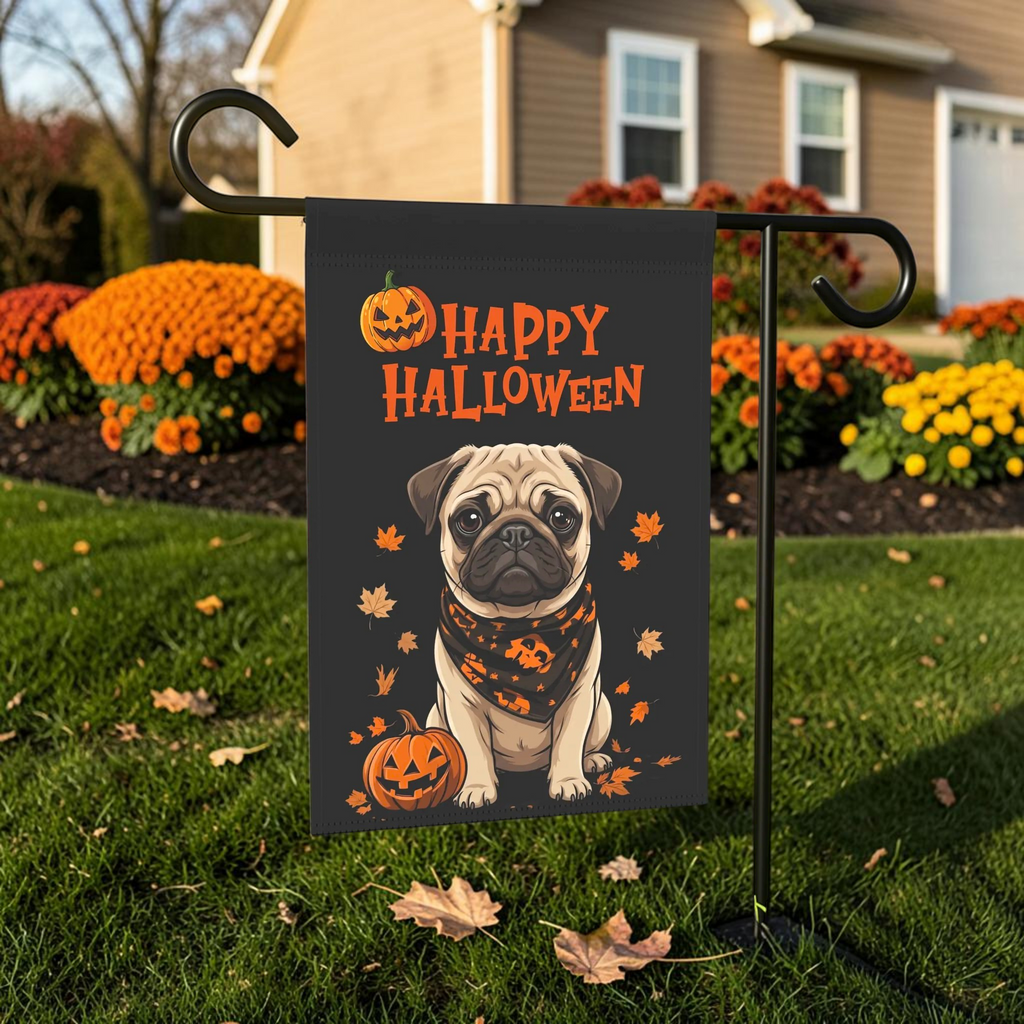 Little Pumpkin and Pug Happy Halloween Garden Flag Double Sided 12x18 24x32