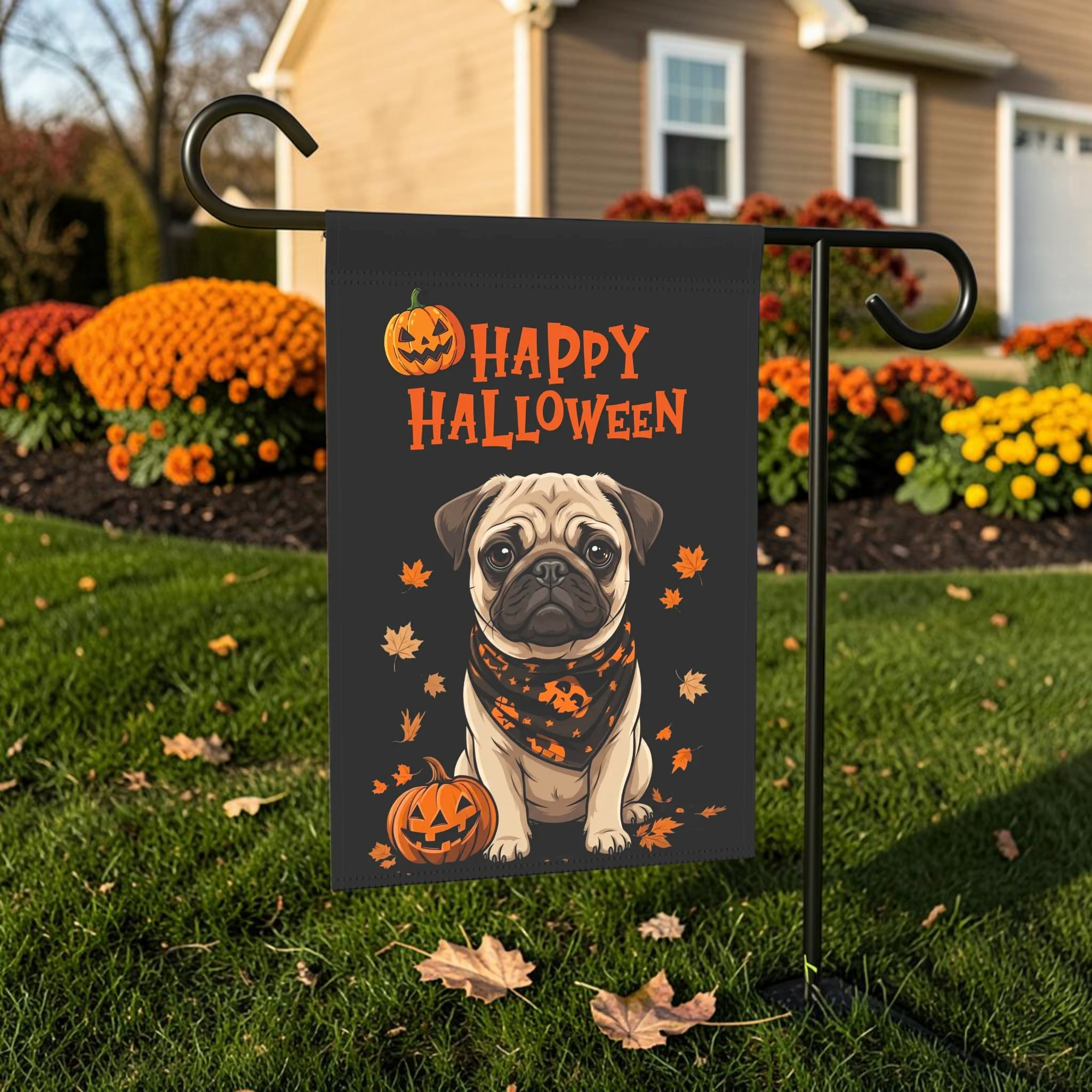 Little Pumpkin and Pug Happy Halloween Garden Flag Double Sided 12x18 24x32