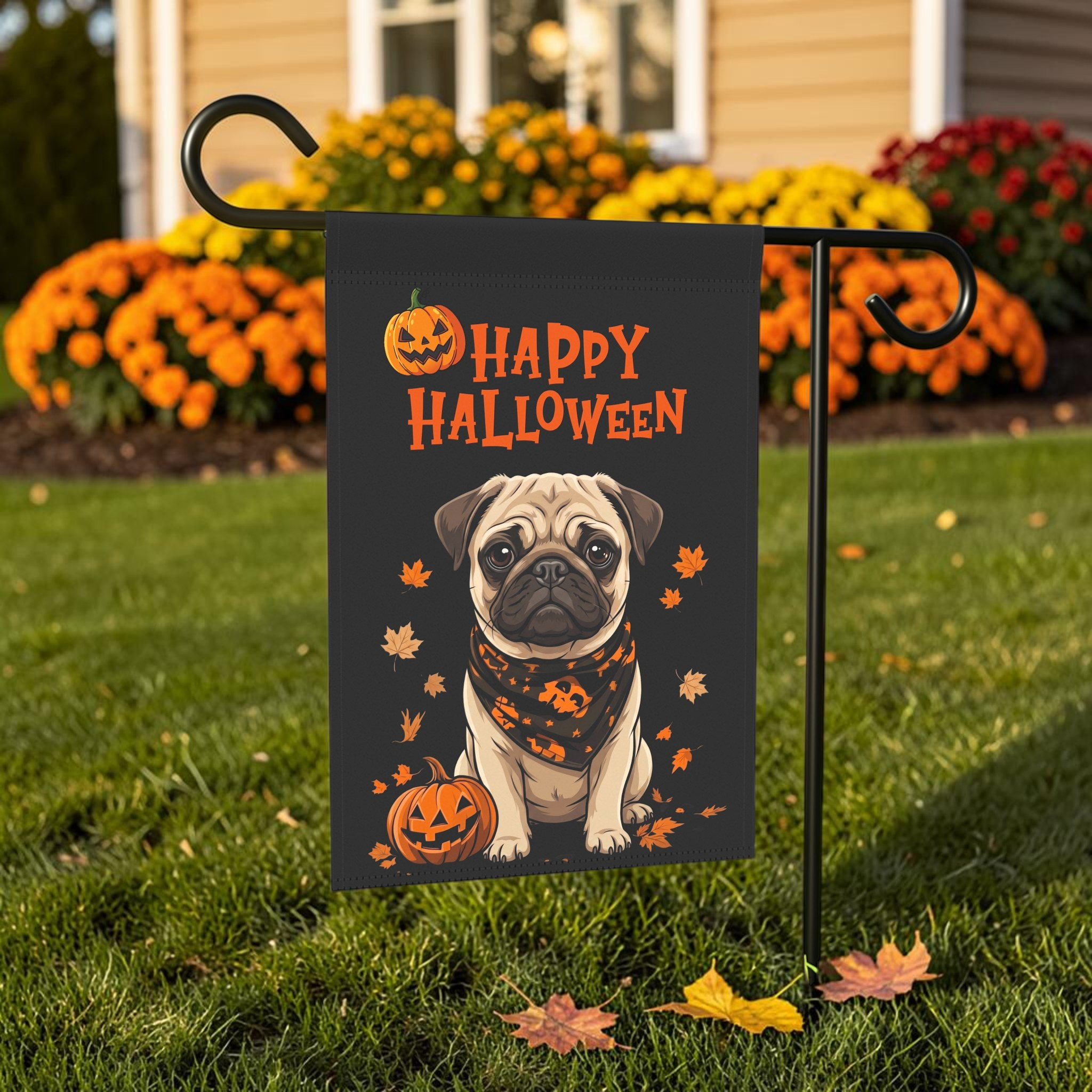 Little Pumpkin and Pug Happy Halloween Garden Flag Double Sided 12x18 24x32