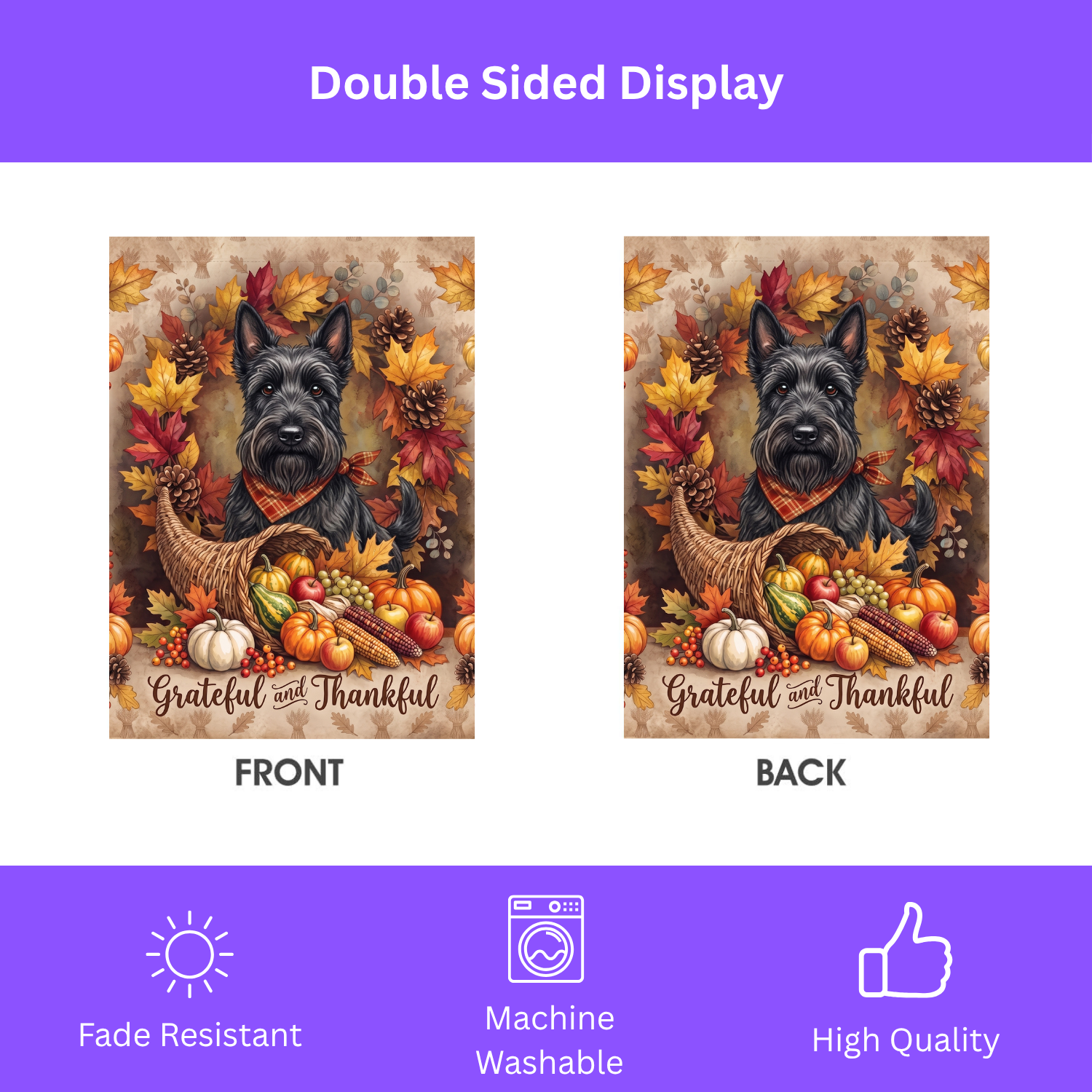 Grateful and Thankful Scottish Terrier Thanksgiving Garden Flag Double Sided