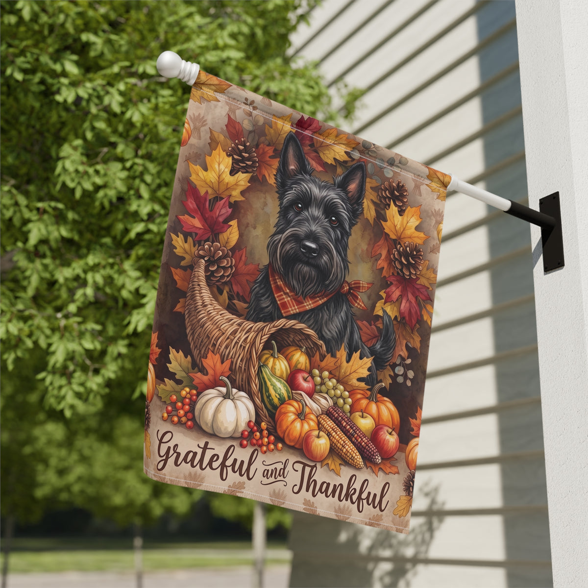Grateful and Thankful Scottish Terrier Thanksgiving Garden Flag Double Sided