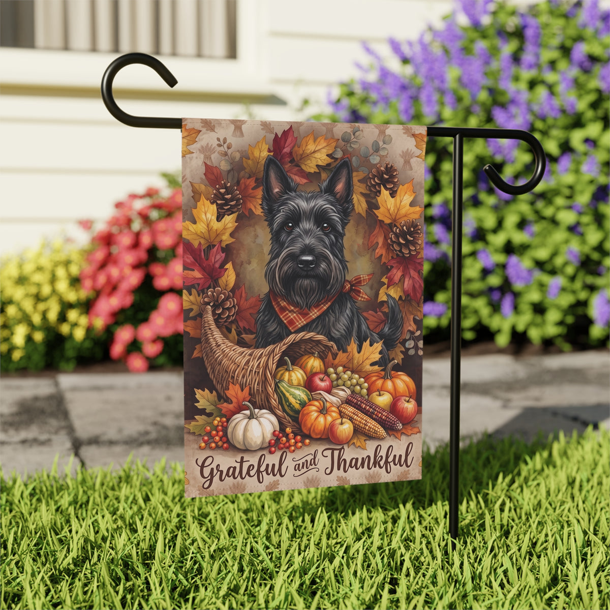 Grateful and Thankful Scottish Terrier Thanksgiving Garden Flag Double Sided
