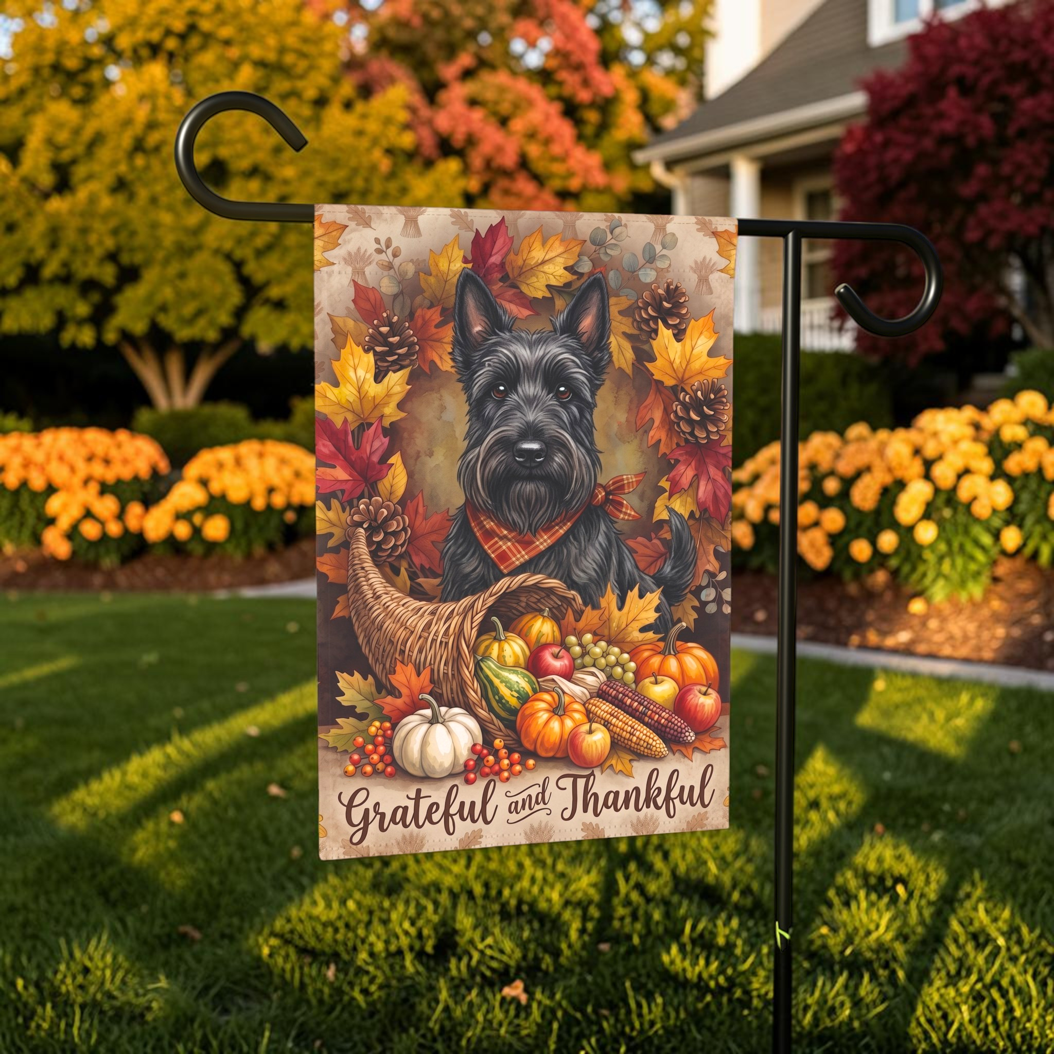 Grateful and Thankful Scottish Terrier Thanksgiving Garden Flag Double Sided