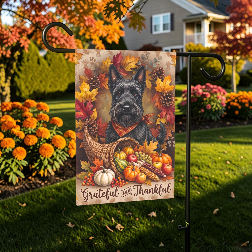 Grateful and Thankful Scottish Terrier Thanksgiving Garden Flag Double Sided