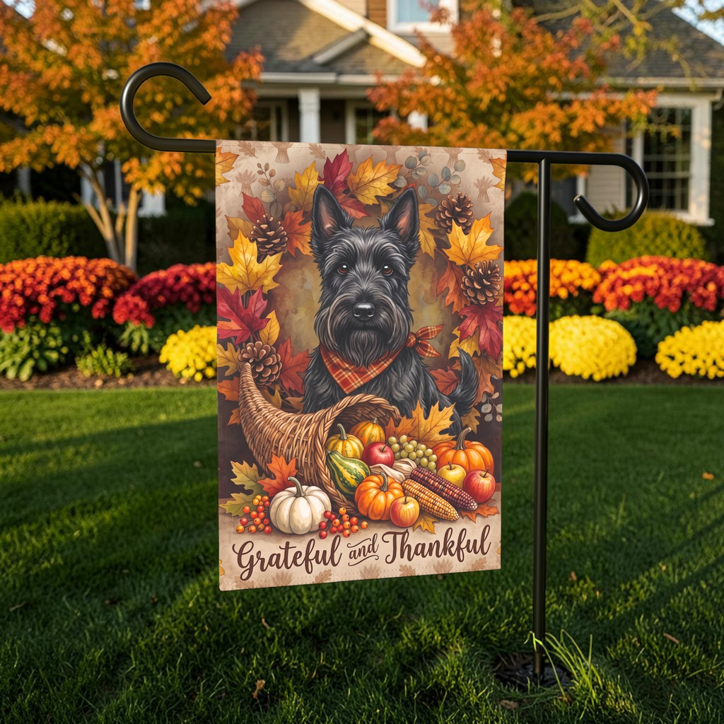 Grateful and Thankful Scottish Terrier Thanksgiving Garden Flag Double Sided