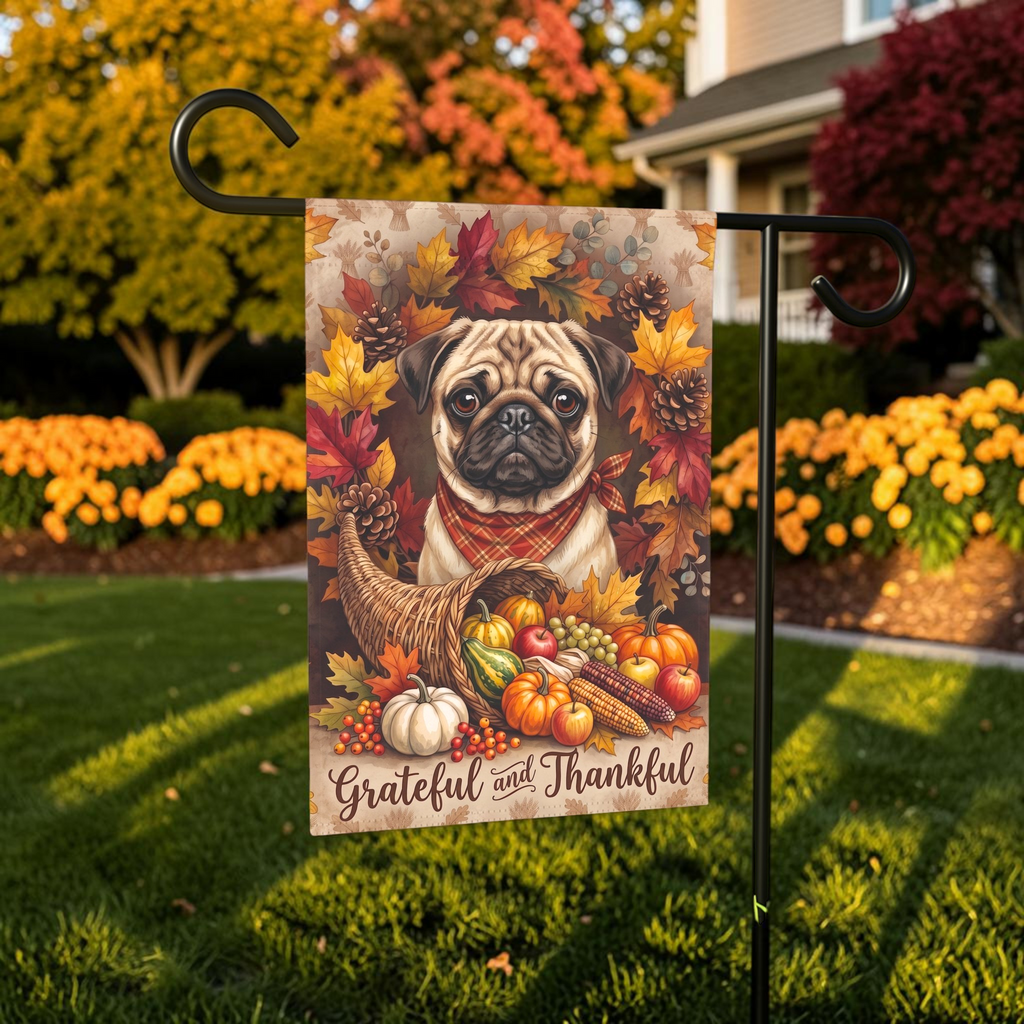Grateful and Thankful Pug Thanksgiving Garden Flag Double Sided 12x18 24x32