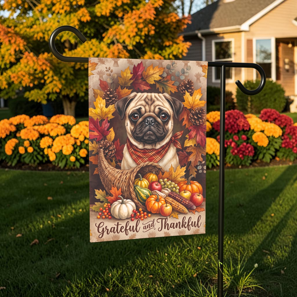 Grateful and Thankful Pug Thanksgiving Garden Flag Double Sided 12x18 24x32