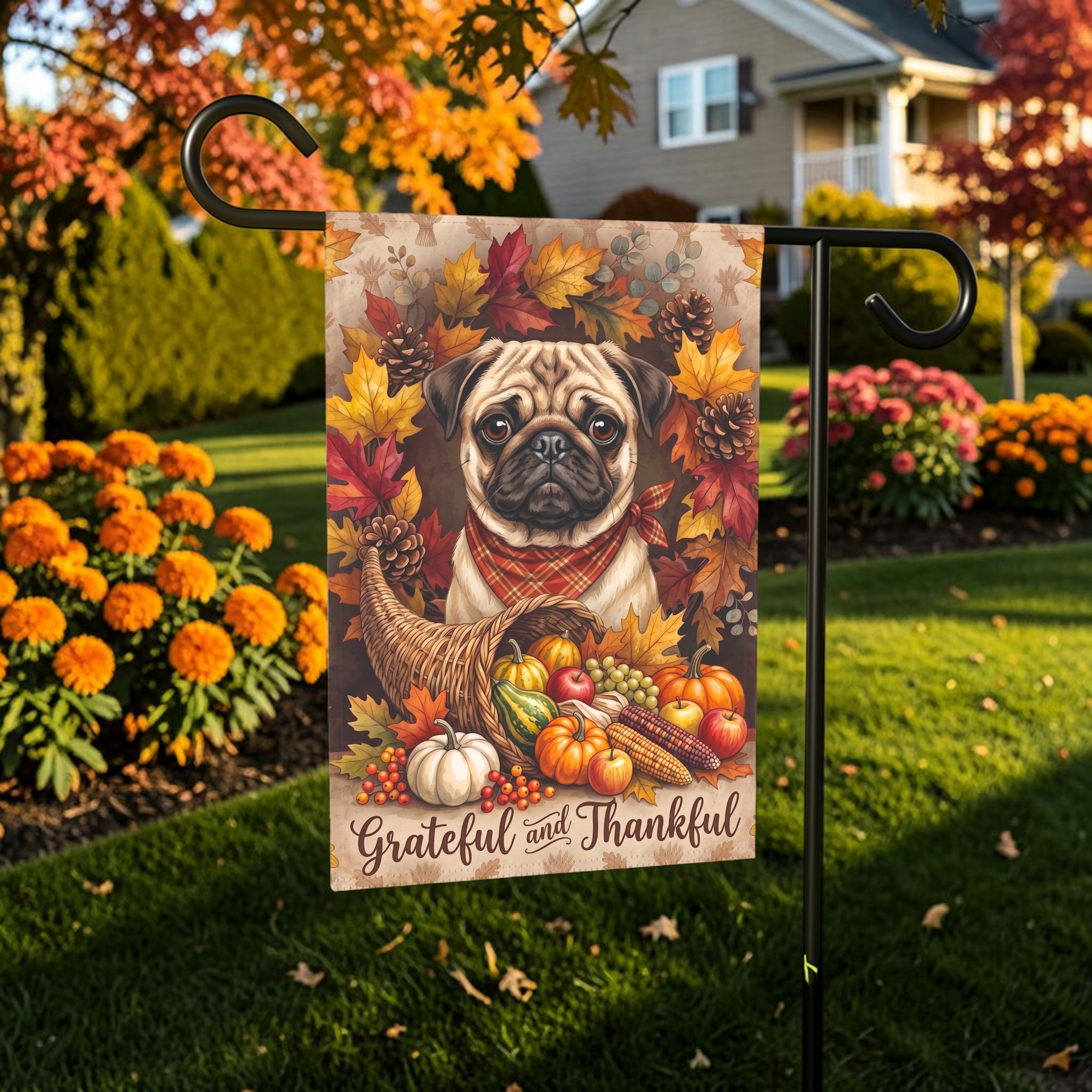Grateful and Thankful Pug Thanksgiving Garden Flag Double Sided 12x18 24x32
