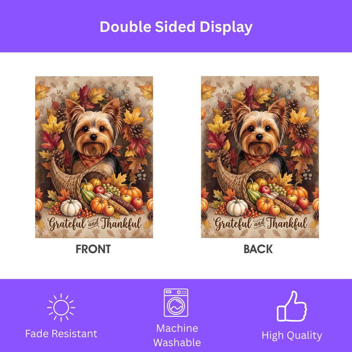 Grateful and Thankful Yorkshire Terrier Cornucopia Garden Flag Double Sided
