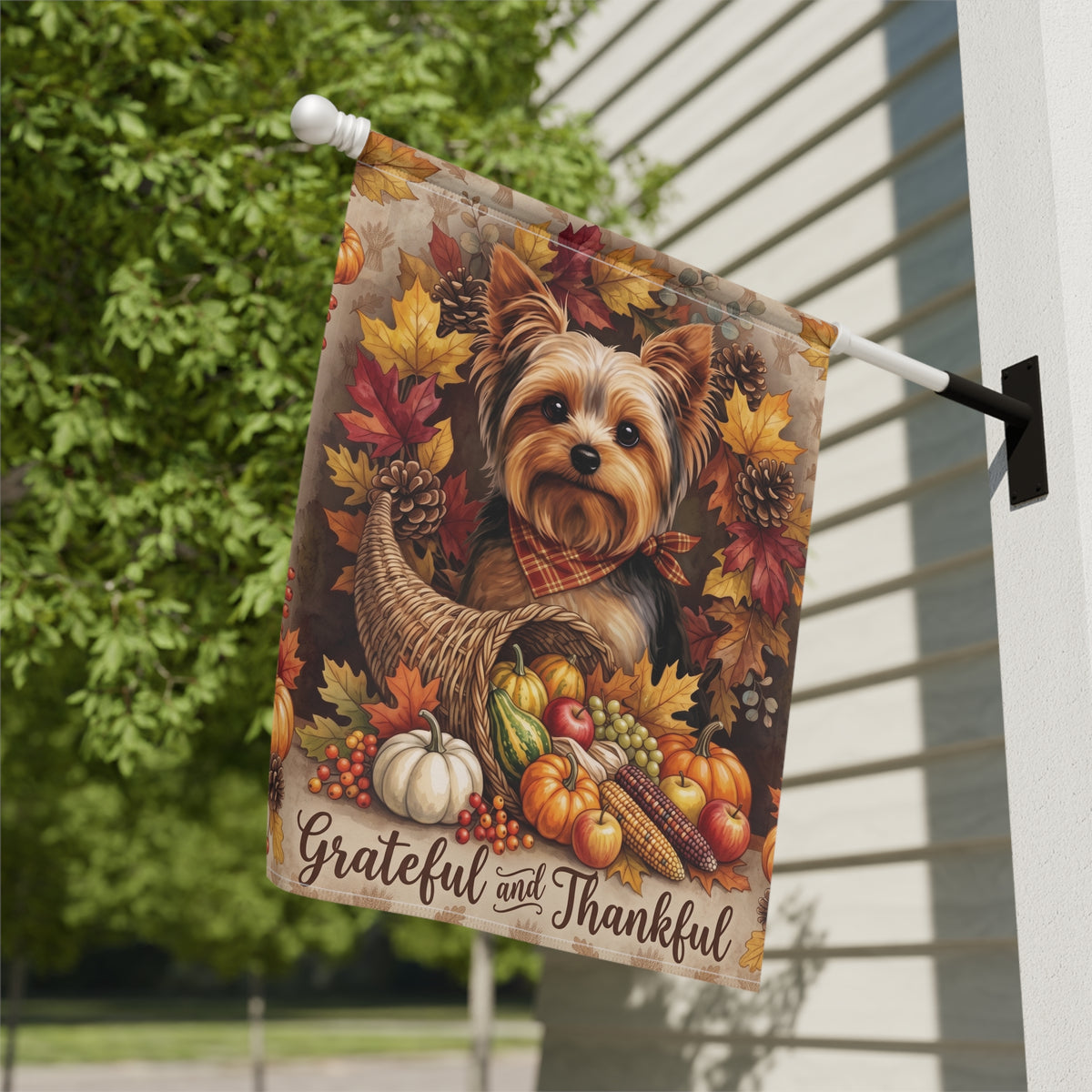 Grateful and Thankful Yorkshire Terrier Cornucopia Garden Flag Double Sided