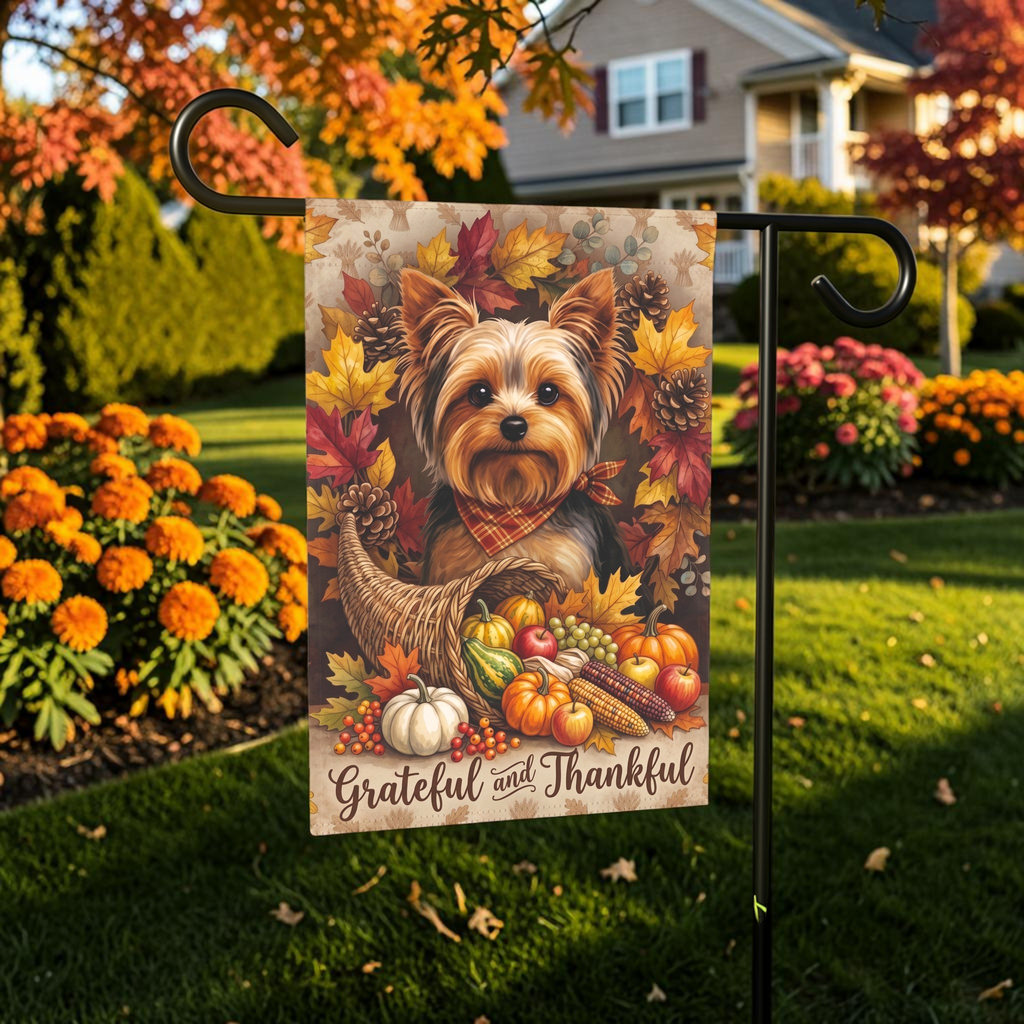 Grateful and Thankful Yorkshire Terrier Cornucopia Garden Flag Double Sided