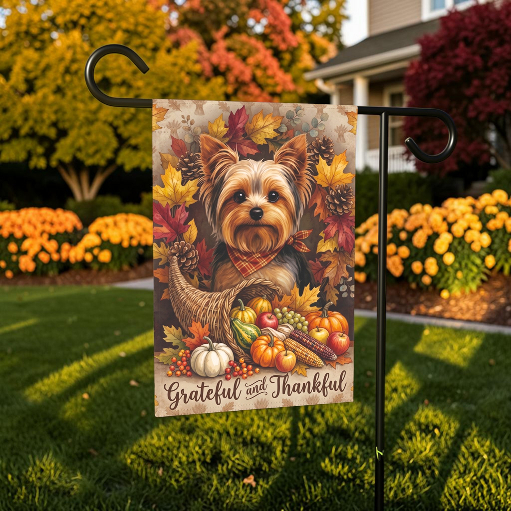Grateful and Thankful Yorkshire Terrier Cornucopia Garden Flag Double Sided