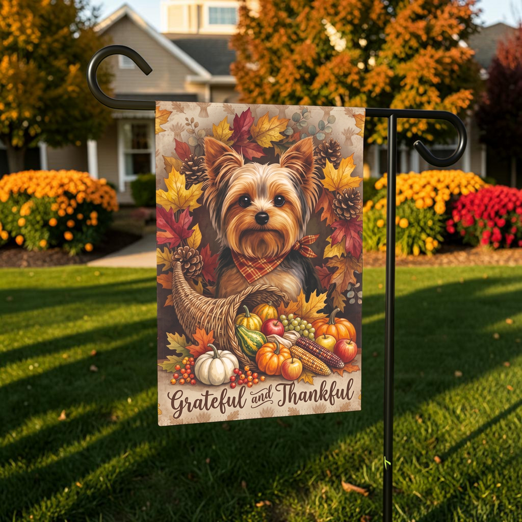 Grateful and Thankful Yorkshire Terrier Cornucopia Garden Flag Double Sided