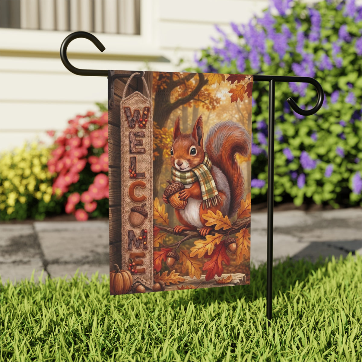 Autumn Squirrel In A Scarf Welcome Garden Flag Double Sided 12x18 24x32 Outdoor