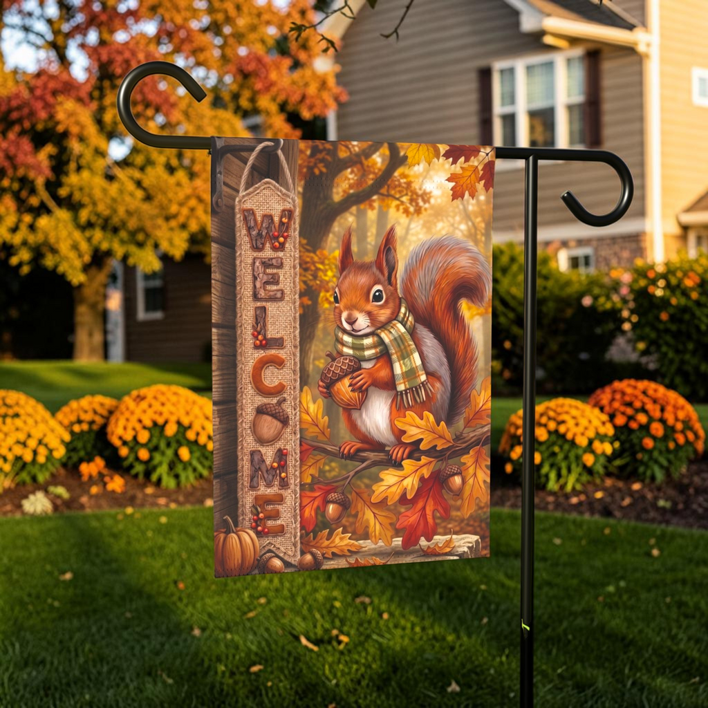 Autumn Squirrel In A Scarf Welcome Garden Flag Double Sided 12x18 24x32 Outdoor
