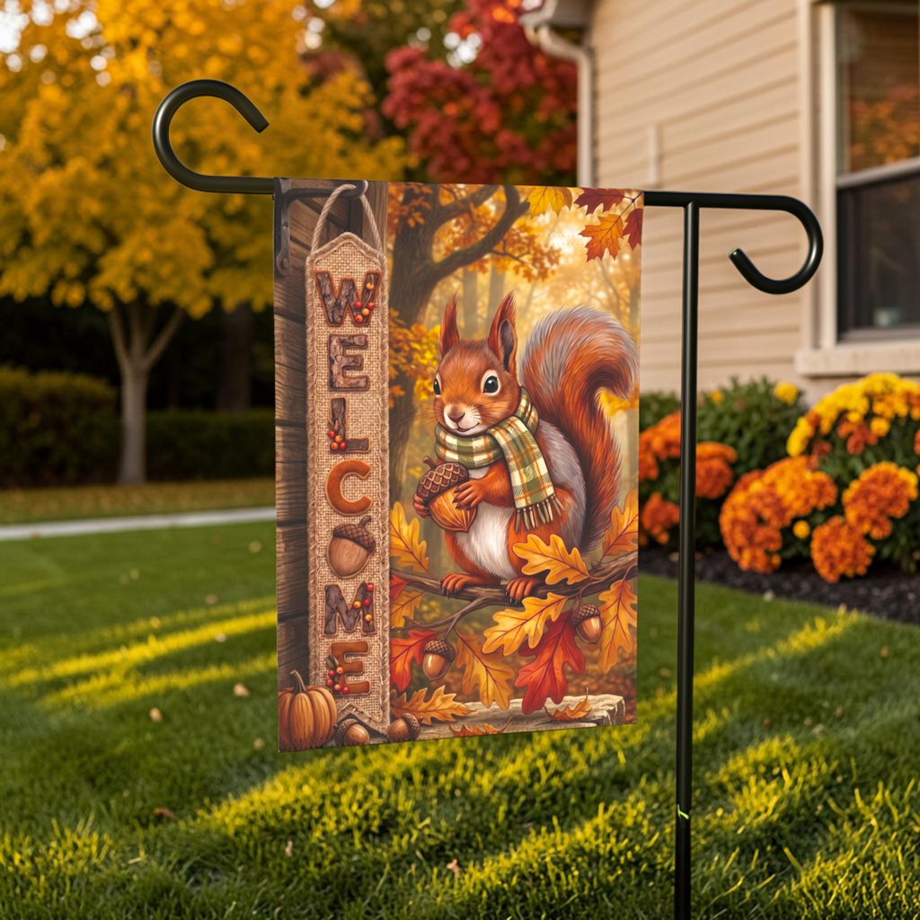 Autumn Squirrel In A Scarf Welcome Garden Flag Double Sided 12x18 24x32 Outdoor