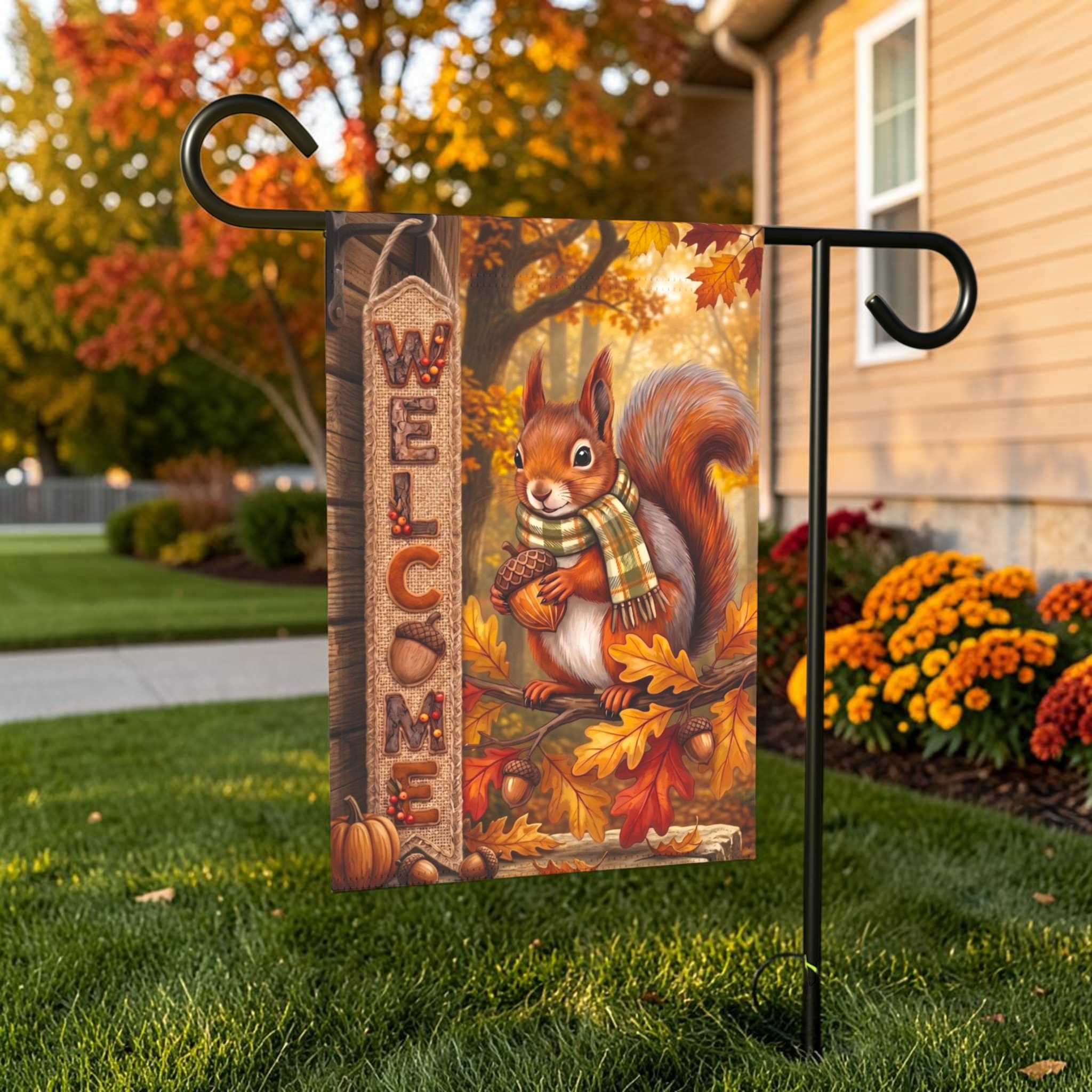 Autumn Squirrel In A Scarf Welcome Garden Flag Double Sided 12x18 24x32 Outdoor