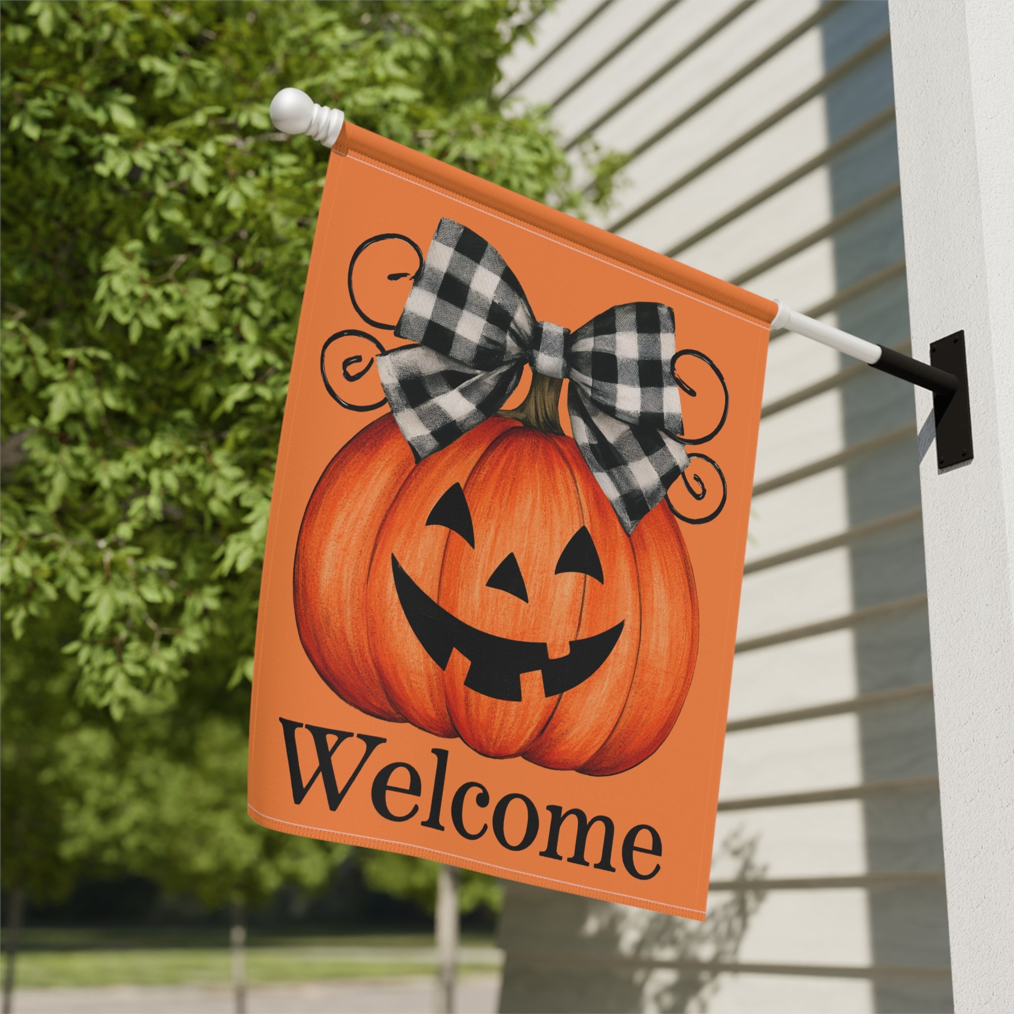 Jack-o'-Lantern with Buffalo Check Bow Welcome Garden Flag Double Sided Outdoor