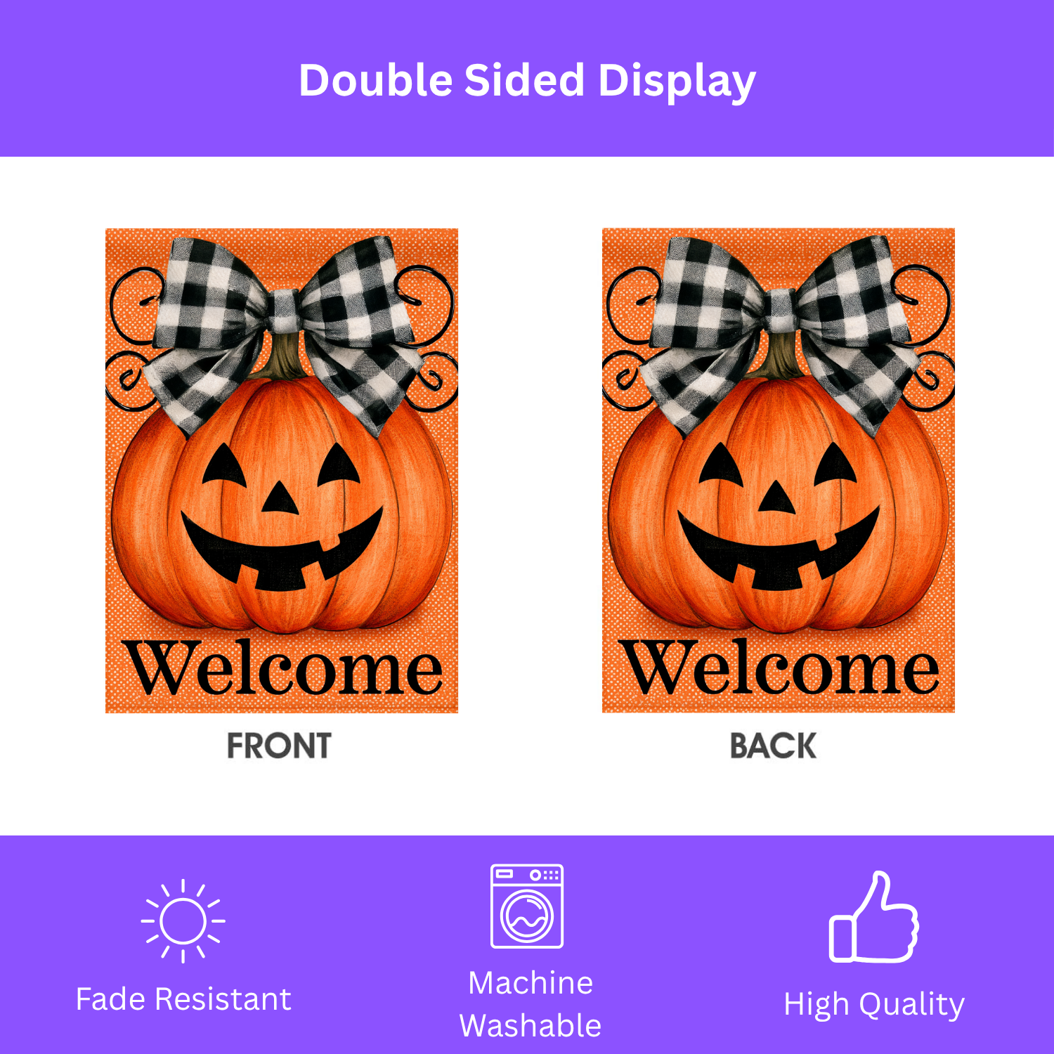 Jack-o'-Lantern with Buffalo Check Bow Welcome Garden Flag Double Sided Outdoor
