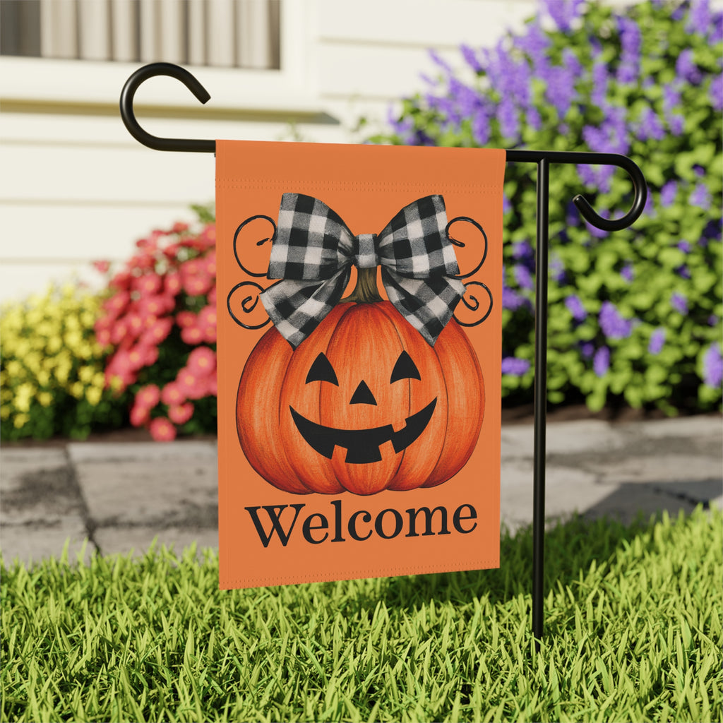 Jack-o'-Lantern with Buffalo Check Bow Welcome Garden Flag Double Sided Outdoor