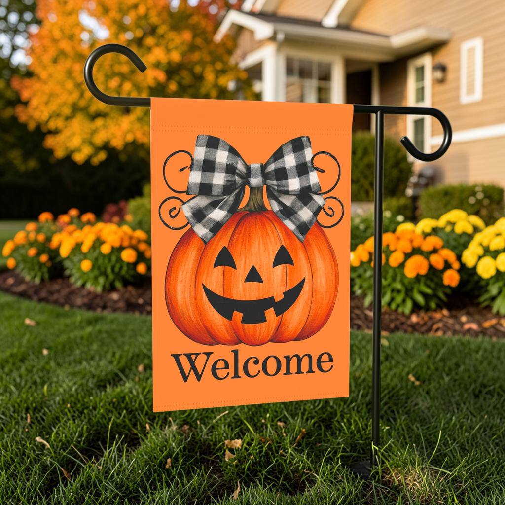 Jack-o'-Lantern with Buffalo Check Bow Welcome Garden Flag Double Sided Outdoor