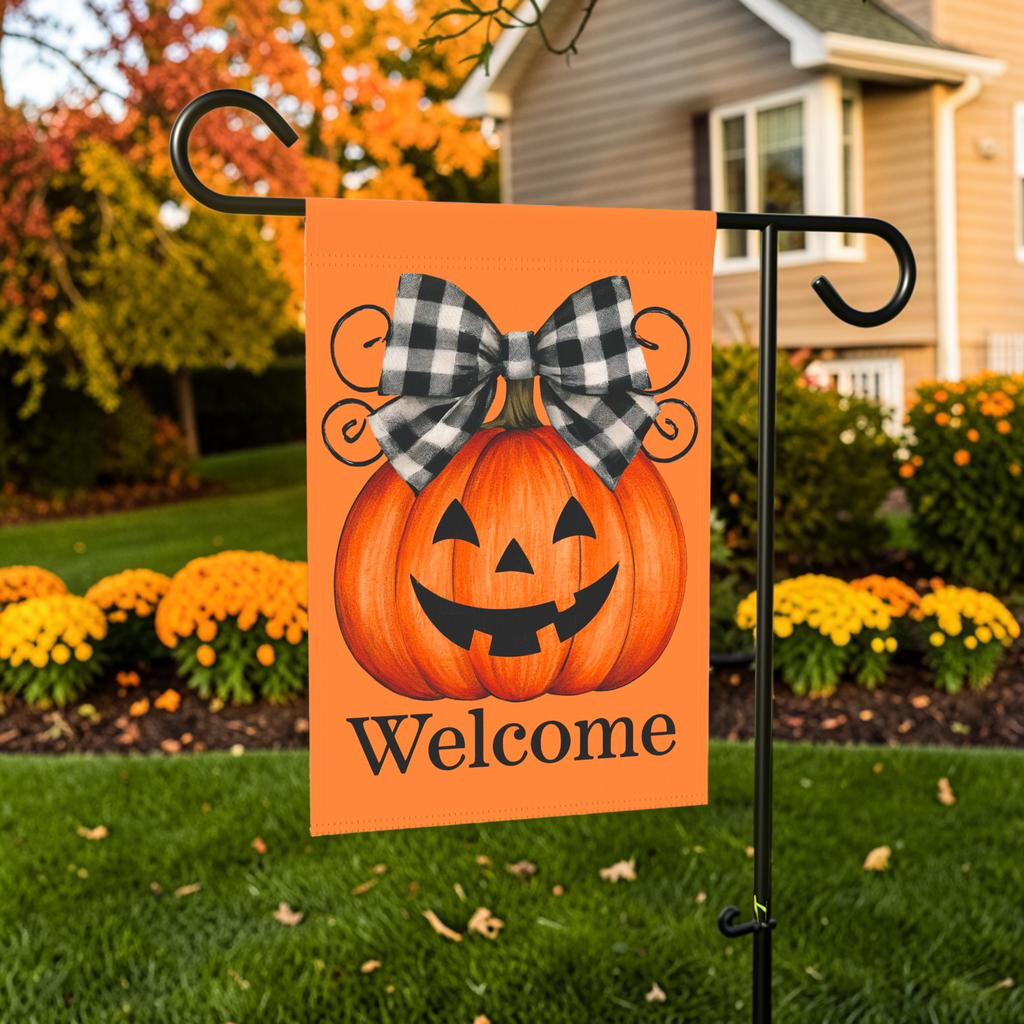 Jack-o'-Lantern with Buffalo Check Bow Welcome Garden Flag Double Sided Outdoor