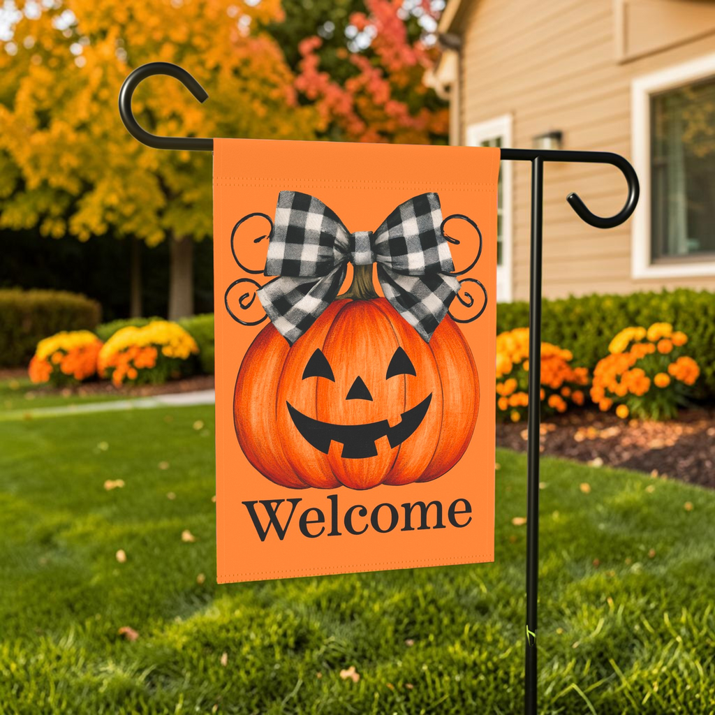 Jack-o'-Lantern with Buffalo Check Bow Welcome Garden Flag Double Sided Outdoor
