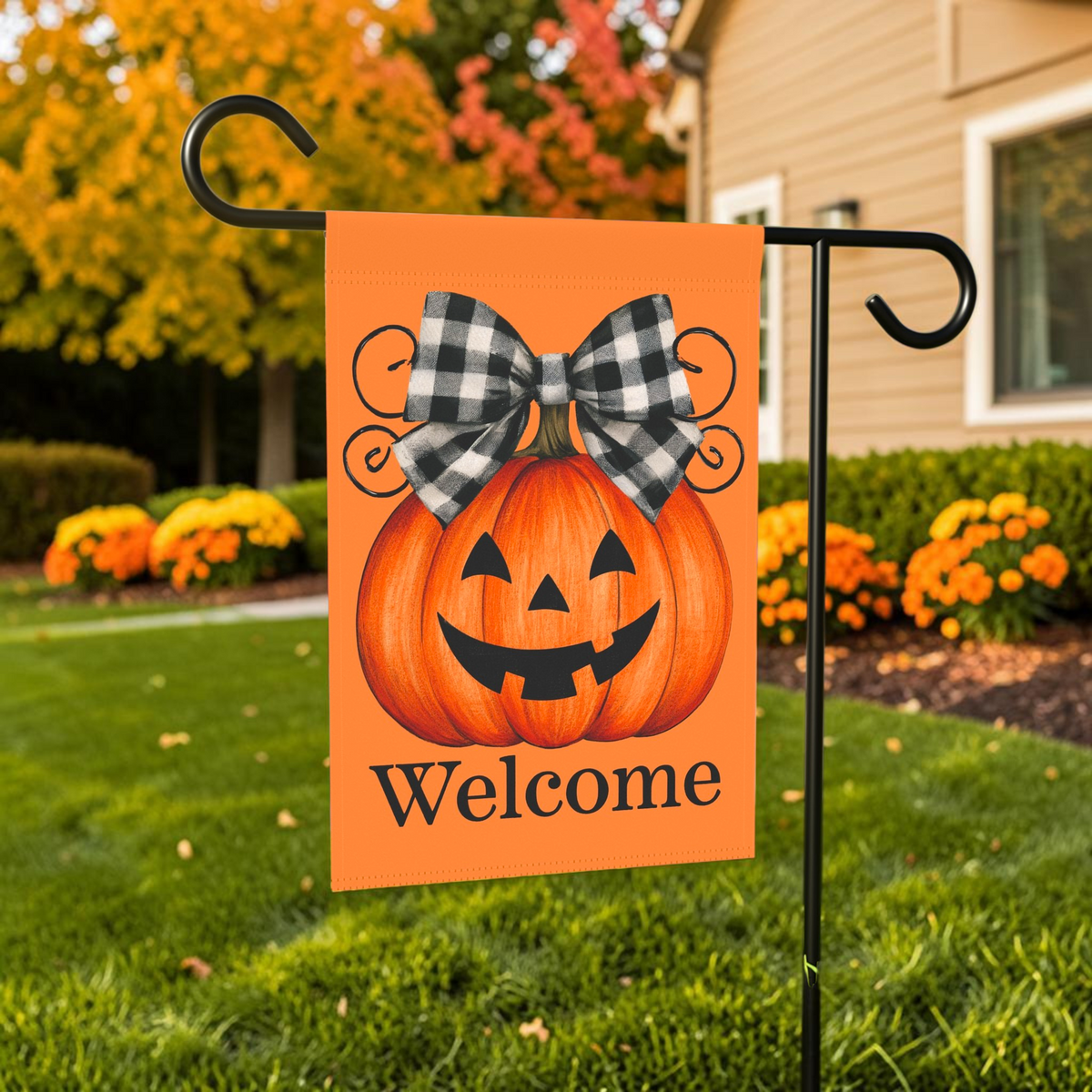 Jack-o'-Lantern with Buffalo Check Bow Welcome Garden Flag Double Sided Outdoor