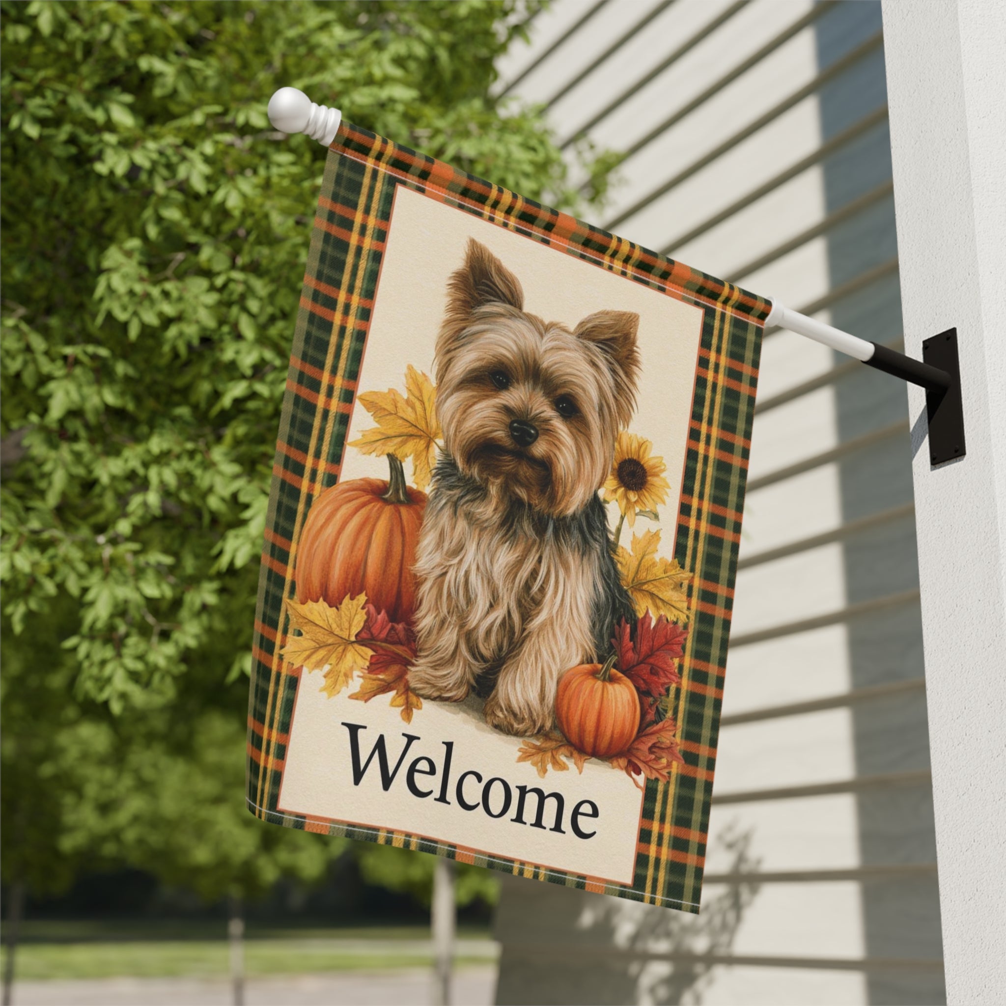 Plaid Border Yorkshire Terrier Pumpkin Welcome Garden Flag Double Sided Outdoor