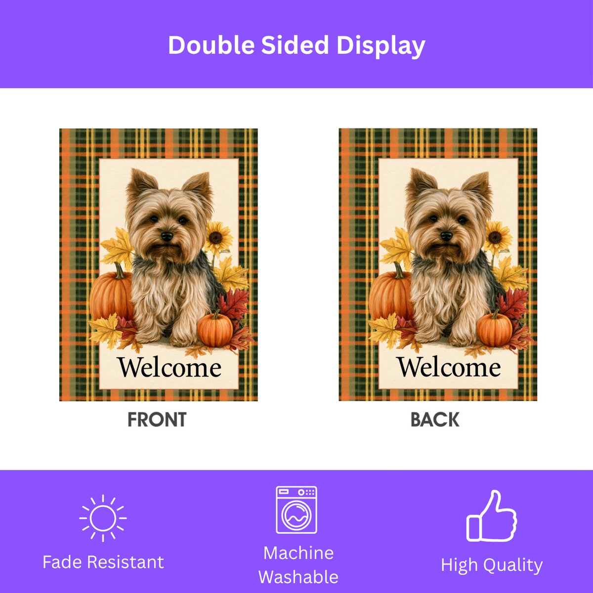 Plaid Border Yorkshire Terrier Pumpkin Welcome Garden Flag Double Sided Outdoor