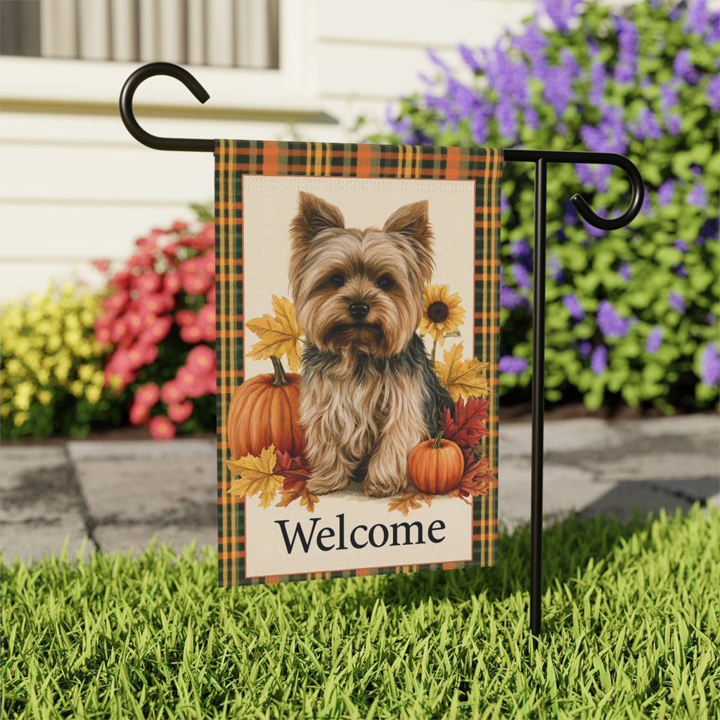 Plaid Border Yorkshire Terrier Pumpkin Welcome Garden Flag Double Sided Outdoor