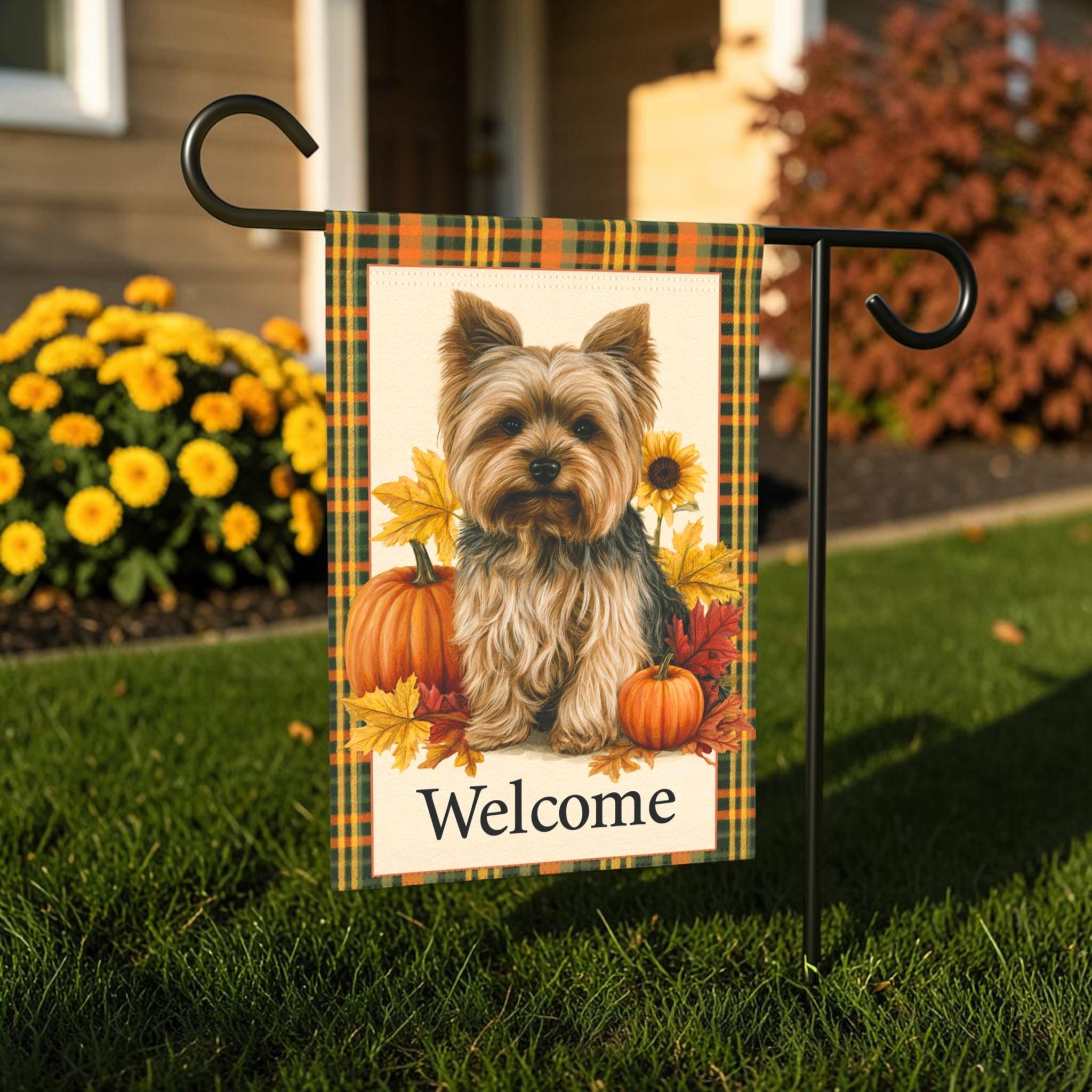 Plaid Border Yorkshire Terrier Pumpkin Welcome Garden Flag Double Sided Outdoor