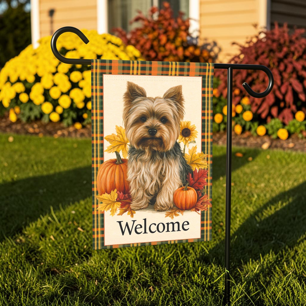 Plaid Border Yorkshire Terrier Pumpkin Welcome Garden Flag Double Sided Outdoor