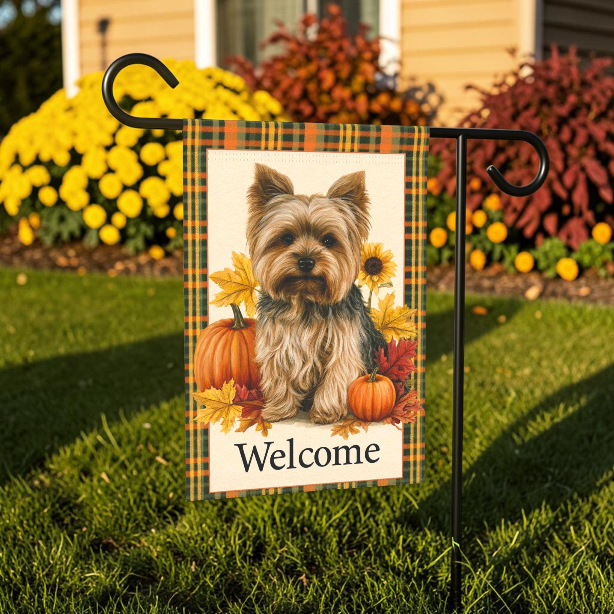 Plaid Border Yorkshire Terrier Pumpkin Welcome Garden Flag Double Sided Outdoor