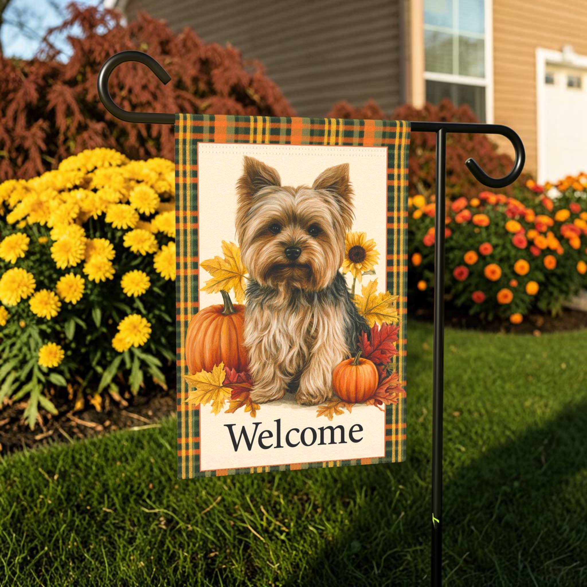 Plaid Border Yorkshire Terrier Pumpkin Welcome Garden Flag Double Sided Outdoor