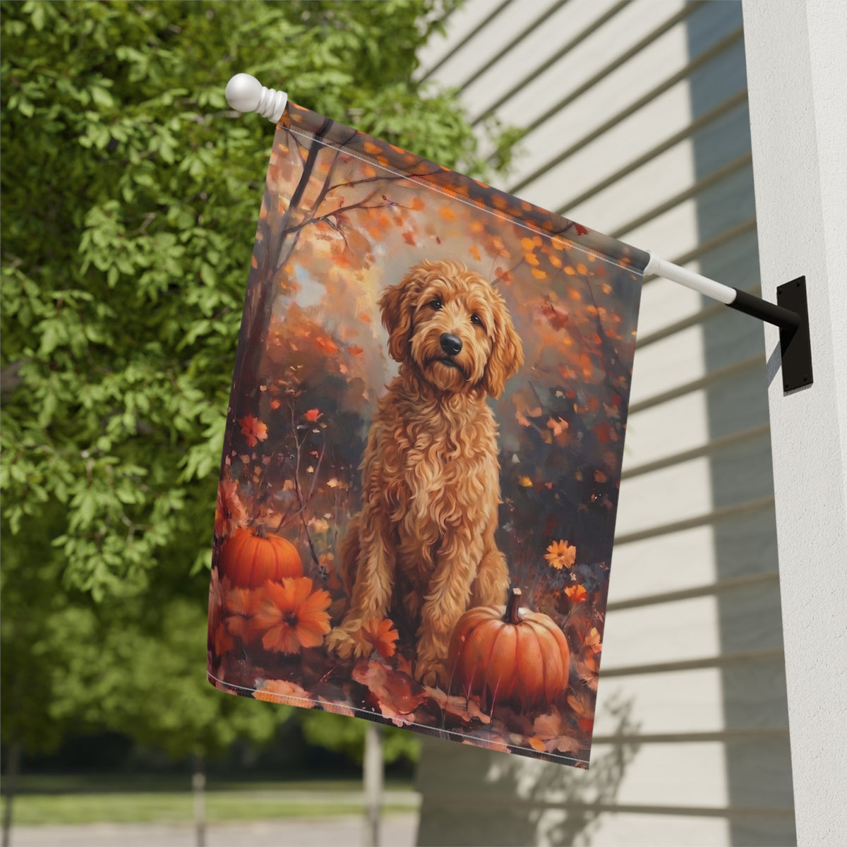 Fall Golden Doodle With Pumpkins Garden Flag Double Sided 12x18 24x32 Outdoor